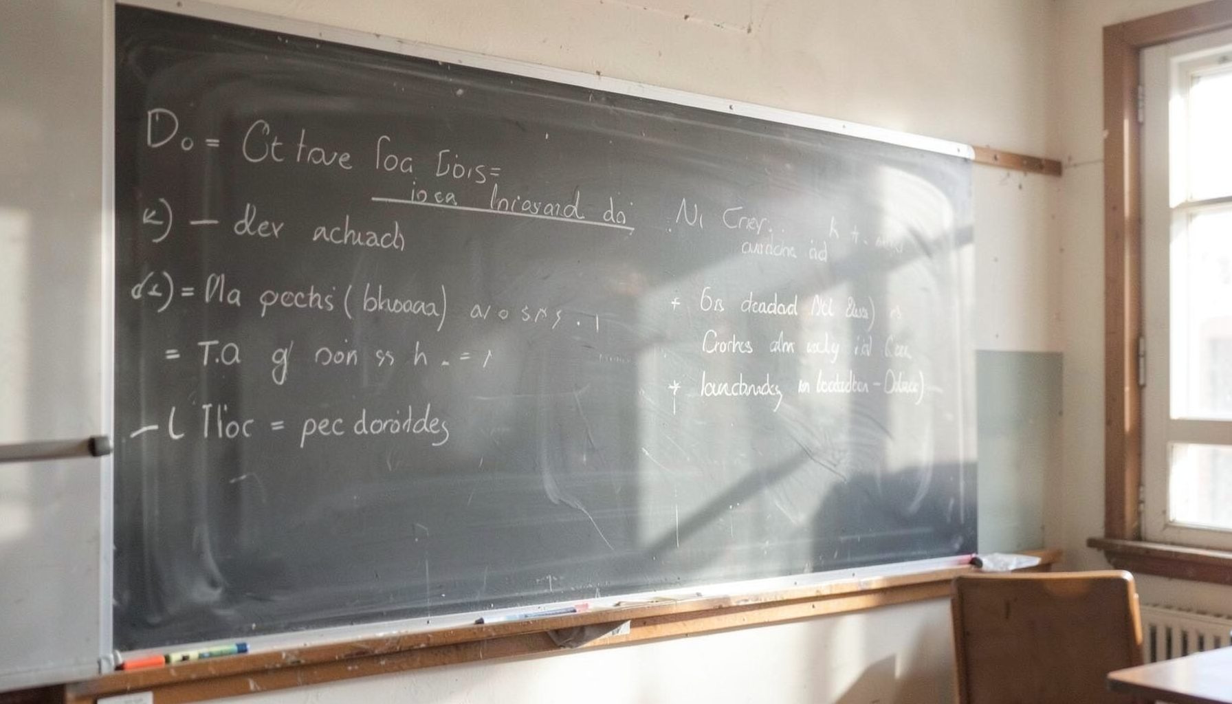 A classroom chalkboard with handwritten lesson notes, softly lit by morning light, conveying a traditional education setting in muted grays and warm whites.