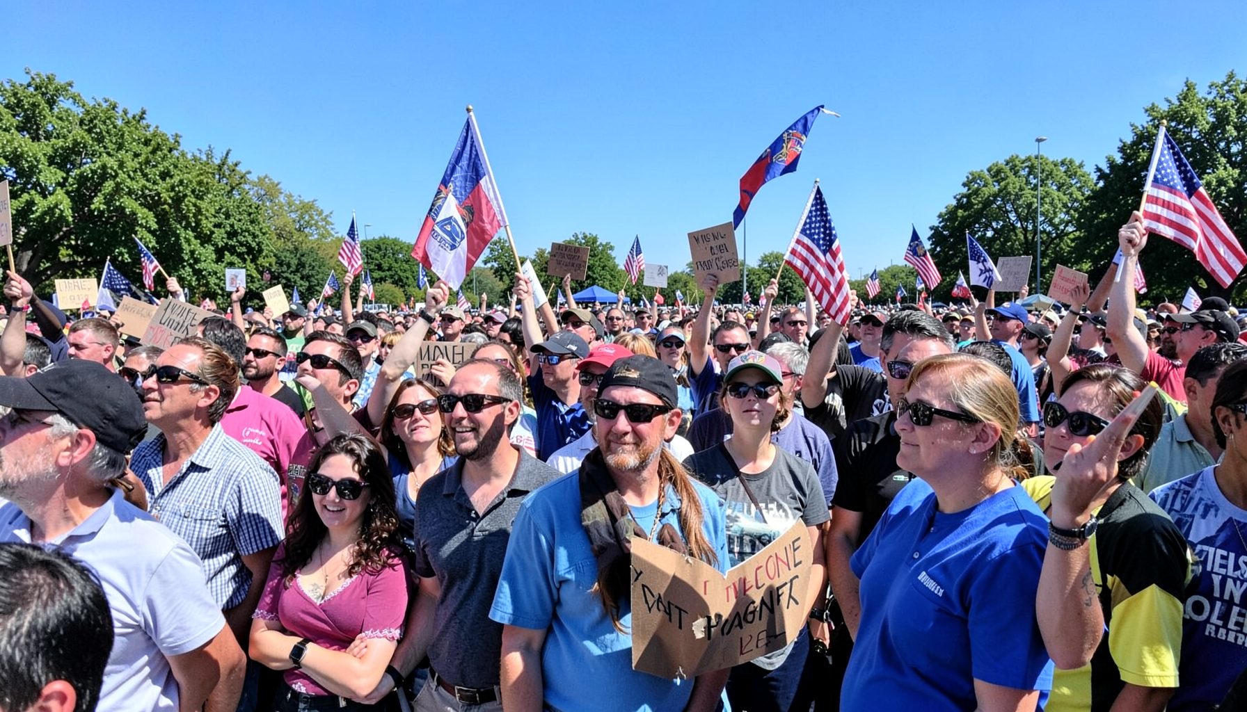 A crowd of people holding protest signs at a sunny outdoor rally, with American and New York state flags visible against a blue sky
